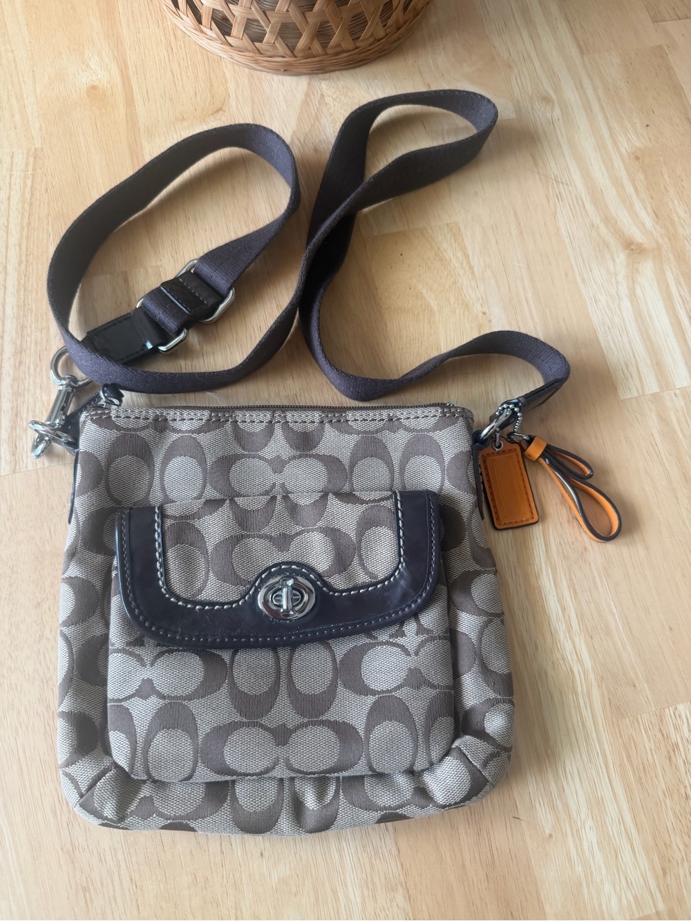 Small Coach Taupe Signature Canvas Crossbody with Dark Brown Trim